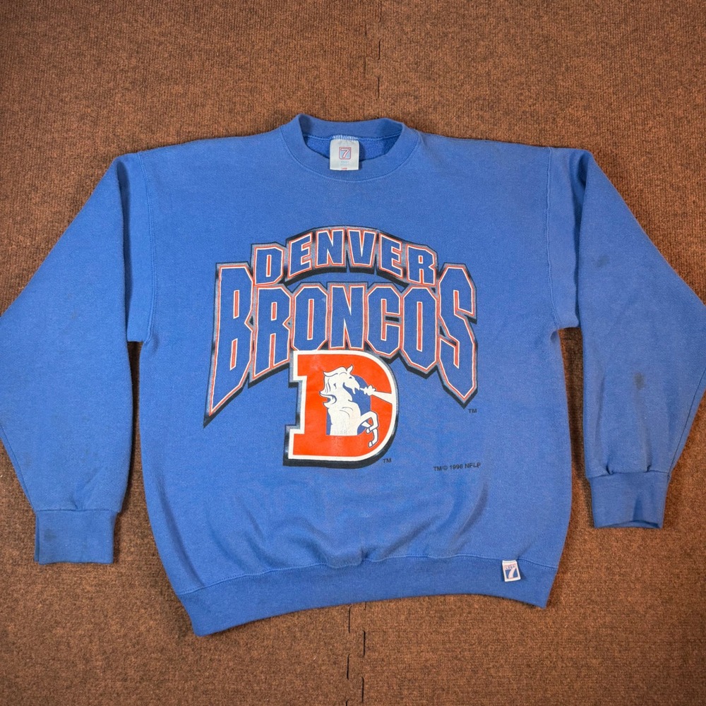 Logo 7 Denver Broncos Sweatshirt Mens Large Blue Vintage 1996 NFL Graphic Crew